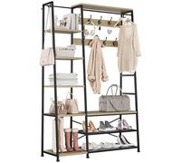 YITAHOME Perchero de Pie, Mueble de Entrada con Banco, Colgador Metálico para Gorros, Perchero con 9 Ganchos y 5 Estantes, para Pasillo, Sala de Estar, Dormitorio, Roble