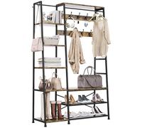 YITAHOME Perchero de Pie, Mueble de Entrada con Banco, Colgador Metálico para Gorros, Perchero con 9 Ganchos y 5 Estantes, para Pasillo, Sala de Estar, Dormitorio, Marrón Rústico