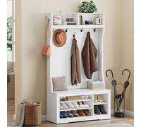YITAHOME Perchero Entrada Recibidor con Banco, 35 x 100 x 180.5 cm Zapatero Entrada Recibidor, Perchero Zapatero, con 9 Ganchos y Almacenamiento, Pasillo Dormitorio Salón, Moderno, Blanco