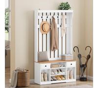YITAHOME Perchero Entrada Recibidor con Banco, 35 x 100 x 180 cm Zapatero Entrada Recibidor, Perchero Zapatero, con 9 Ganchos y Almacenamiento, 2 Cajón de Tela, Pasillo Dormitorio Salón, Blanco/Roble