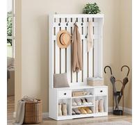 YITAHOME Perchero Entrada Recibidor con Banco, 35 x 100 x 180 cm Zapatero Entrada Recibidor, Perchero Zapatero, con 9 Ganchos y Almacenamiento, 2 Cajón de Tela, Pasillo Dormitorio Salón, Blanco