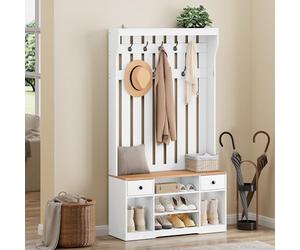 YITAHOME Perchero Entrada Recibidor con Banco, 35 x 100 x 180 cm Zapatero Entrada Recibidor, Perchero Zapatero, con 9 Ganchos y Almacenamiento, 2 Cajón de Tela, Pasillo Dormitorio Salón, Blanco/Roble