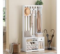 YITAHOME Perchero Entrada Recibidor con Banco, 35 x 80 x 180 cm Zapatero Entrada Recibidor, Perchero Zapatero, con 7 Ganchos y Almacenamiento, Cajón de Tela, Pasillo Dormitorio Salón, Blanco