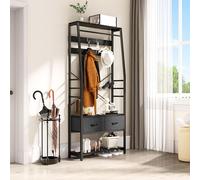 YITAHOME Perchero, Perchero 6 en 1 con 2 Cajones, Colgador Metálico con Zapatero, Barra Colgar Ropa de Madera y Metal con 8 Ganchos, para Recibidor, Sala de Estar, Dormitorio, Negro