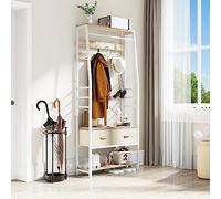 YITAHOME Perchero, Perchero 6 en 1 con 2 Cajones, Colgador Metálico con Zapatero, Barra Colgar Ropa de Madera y Metal con 8 Ganchos, para Recibidor, Sala de Estar, Dormitorio, Blanco y Roble