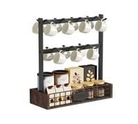 YITAHOME Soporte para tazas de encimera con 7 ganchos y base de almacenamiento, soporte de metal con estante de barandilla, organizador de tazas negro para cocina, comedor y cafetería