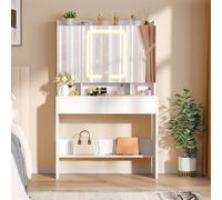 YITAHOME Tocador Blanco con 3 Espejos y 2 cajones, tocador para Dormitorio con Luces LED, Brillo Ajustable, Almacenamiento de Joyas y estantes Abiertos, Escritorio de Maquillaje Moderno
