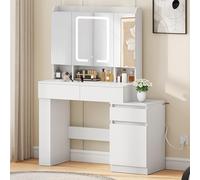 YITAHOME Tocador con Espejo e iluminación LED con Taburete, cajones y Puerto USB, Compartimentos Ajustables, tocador Moderno para Dormitorio y Maquillaje, Soporte para secador de Pelo, Color Blanco