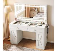 YITAHOME Tocador con Espejo LED, tocador con iluminación Ajustable de 3 Colores, Placa de Cristal de Seguridad y Enchufe Integrado, para Dormitorio, 115 x 40 x 134 cm