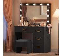 YITAHOME Tocador con Espejo, Mesa cosmética con 4 cajones, taburete, iluminación, enchufe, Color Negro