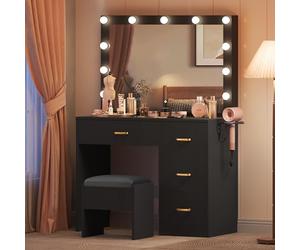 YITAHOME Tocador con Espejo, Mesa cosmética con 4 cajones, taburete, iluminación, enchufe, Color Negro