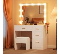 YITAHOME Tocador con Espejo, Mesa cosmética con 4 cajones, tocador con Taburete, iluminación, Enchufe, Color Blanco (Mesa de Maquillaje, tocador, Mesa de tocador, Mesa de vanidad)