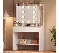 YITAHOME Tocador con Espejo y 10 Luces LED, 3 Colores con Brillo Ajustable, tocador con estantes Ajustables para Maquillaje, 2 cajones, Moderno (Blanco)