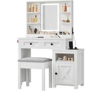 YITAHOME Tocador con Espejo y Luces, tocador con iluminación LED Ajustable y enchufes, tocador con Taburete y cómoda Lateral, para Dormitorio, Color Blanco