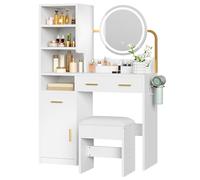 YITAHOME Tocador con iluminación, Brillo Ajustable, cajones de Espejo, Puertas de tocador, Mesa de Maquillaje Moderna con Taburete, estantes Ajustables, Soporte para secador de Pelo