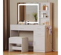 YITAHOME Tocador con Iluminación LED 3 Colores con Brillo Ajustable, con Silla de Espejo, 3 Cajones, Taburete, Gran Espacio de Almacenamiento, Blanco