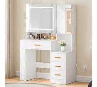 YITAHOME Tocador con iluminación LED Ajustable y enchufes, tocador con Espejo Taburete tocador con cajones para Dormitorio Almacenamiento de Joyas