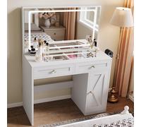 YITAHOME Tocador con iluminación LED Ajustable y enchufes, tocador con Espejo, tocador con cajones divididos, Escritorio Transparente, Blanco