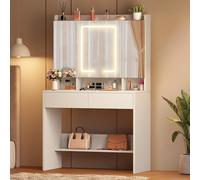 YITAHOME Tocador con iluminación LED, tocador con Espejo, 3 Colores con Brillo Ajustable, tocador con Espejo y estantes Ajustables, 2 cajones Modernos (Blanco)