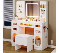 YITAHOME Tocador Grande con Iluminación LED, RGB y Enchufes, con Taburete, Espejo, 4 Estantes Abiertos y Cajones, Color Blanco