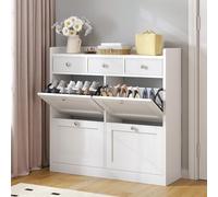 YITAHOME Zapatero con 4 Puertas, 3 Cajones de Tela, AMueble Zapatero Entrada Recibido, Divisor Ajustable y extraíble para 24 Pares de Zapatos para pasillos y Sala de Estar, 100x25x99.5cm, Blanco