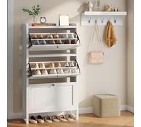 YITAHOME Zapatero estrecho blanco con 3 puertas abatibles y perchero, 5 ganchos, 60 x 25 x 130 cm, estante ajustable para zapatos para pasillo o salón, adecuado para tacones altos