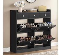 YITAHOME Zapatero Estrecho Blanco con 4 Solapas, 3 Cajones de Tela, Mueble Zapatero Entrada Recibidor, Armario de Madera para Pasillo Estrecho y Entrada, 100x25x99.5cm, Negro