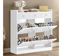 YITAHOME Zapatero Estrecho Blanco con 4 Solapas, 3 Cajones de Tela, Mueble Zapatero Entrada Recibidor, Armario de Madera para Pasillo Estrecho y Entrada, 100x25x99.5cm, Blanco