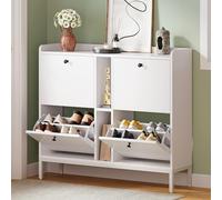 YITAHOME Zapatero Estrecho con 4 Solapas, 108 x 27,5 x 97,5 cm para 16 Pares de Zapatos con 2 estantes Abiertos, Zapatero Blanco, Armario para Pasillo, cómoda para Zapatos en el Pasillo