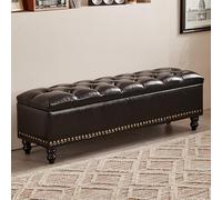 YITAYMLI Bancos tapizados para Entrada en Cuero Encerado al Aceite, Banco para Cambiar Zapatos al pie de la Cama Gran Capacidad de Almacenamiento, Estructura de Madera Maciza(Black,150cm/59in)