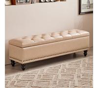 YITAYMLI Bancos tapizados para Entrada en Cuero Encerado al Aceite, Banco para Cambiar Zapatos al pie de la Cama Gran Capacidad de Almacenamiento, Estructura de Madera Maciza(Beige,80cm/31.5in)