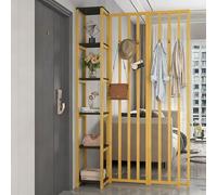YITAYMLI Divisor de Ambientes Interior de Metal con Perchero, Biombo Moderno Independiente con Múltiples Estantes, Estantería de Madera para Entrada y Oficina(Gold+Black,130cm/51.2in)