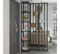 YITAYMLI Divisor de Ambientes Interior de Metal con Perchero, Biombo Moderno Independiente con Múltiples Estantes, Estantería de Madera para Entrada y Oficina(Black+Black,105cm/41.3in)