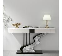 YITAYMLI Mesa Consola Contemporánea Media Luna Superficie de Pizarra Negro/Oro Mesa Sofá de Entrada de Lujo Larga y Estrecha con Dos Cajones Base Creativa de Acero al Carbono(Black C,140cm/55.1IN)