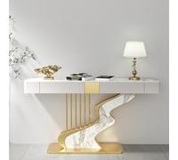 YITAYMLI Mesa Consola Contemporánea Media Luna Superficie de Pizarra Negro/Oro Mesa Sofá de Entrada de Lujo Larga y Estrecha con Dos Cajones Base Creativa de Acero al Carbono(Gold B,100cm/39.4in)