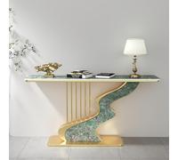 YITAYMLI Mesa Consola contemporánea Moderna de Media Luna Estrecha, Superficie de losa, Mesa Auxiliar de Lujo para sofá en la Entrada con Base metálica de diseño en Hilo(Gold E,150cm/59IN)