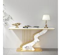 YITAYMLI Mesa Consola contemporánea Moderna de Media Luna Estrecha, Superficie de losa, Mesa Auxiliar de Lujo para sofá en la Entrada con Base metálica de diseño en Hilo(Gold B,80CM/31.5IN)