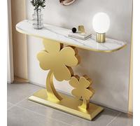 YITAYMLI Mesa Consola de Media Luna Contemporánea con Tablero de Pizarra, Mesa Auxiliar Larga y Estrecha,Resistente a los Arañazos,Base Creativa de Cuatro Hojas de la Suerte(Gold A,90CM/35.4IN)