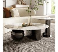 YITAYMLI Mesa de Centro Redonda contemporánea Efecto mármol,Mesa Central y Auxiliar Estilo Mid-Century con Base esférica de Metal, Mueble de Acento Abstracto y Lujoso(Black,36"+20")