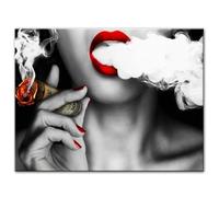 YIUEYI Arte de pared de labios rojos para niña fumando un cigarro, pósteres e impresiones en lienzo, pinturas modernas de arte pop para decoración de pared del hogar, marco de madera de 21 x 30 cm