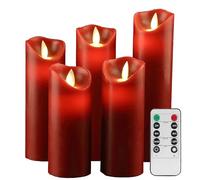 YIWER Velas sin llama Φ 2.2 x H 5.5" 6" 6.5" 7" 8" Juego de 5 pilas de plástico de cera real no de plástico control remoto de 10 teclas con función de temporizador de 2/4/6/8 horas 200 horas(rojo)