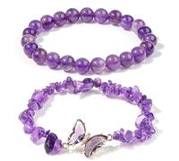 YIWONFU 2 Piezas de Pulsera de Cristal, Pulsera Elástica para la Ansiedad, Pulseras de Cristal de Sanación Energética de Yoga, Regalos de Joyería para Niñas, Mujeres y Hombres (Amatista)