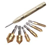 YIXISI 7 Piezas Hex Shank HSS Avellanador de 5 Flautas con Revestidas de Titanio, Brocas Avellanadoras Cónicas HSS 90° con Punzón Central Automático, para Madera, 6/8/9/12/16/19 mm
