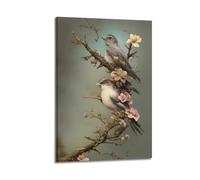 YiXong Póster de animales con dos pájaros posados en una rama con flores rosas, póster decorativo de lienzo para pared e impresión artística moderna para decoración de dormitorio familiar, 60 x 90 cm