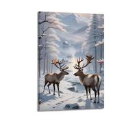 YiXong Póster de animales de temporada de invierno con dos renos majestuosos, póster decorativo de lienzo para pared e impresión artística moderna para decoración de dormitorio familiar, 20 x 30 cm