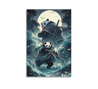 YiXong Póster decorativo de dos pandas samuráis en el río bajo la luna, póster decorativo de lienzo para pared e impresión artística moderna para decoración de dormitorio familiar, 30 x 45 cm