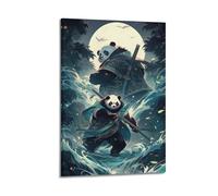 YiXong Póster decorativo de dos pandas samuráis en el río bajo la luna, póster decorativo de lienzo para pared e impresión artística moderna para decoración de dormitorio familiar, 20 x 30 cm