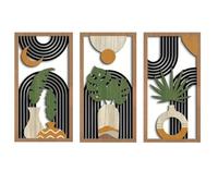 Yixuan 3 Piezas Escultura de Pared en Madera, Decoración de Pared Boho Chic con Hojas de Palma, Jarrones y Diseño Geométrico, Arte Mural Moderno y Ligero para Salón, Dormitorio u Oficina