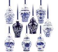 YiYa 9 Piezas Colgantes para árboles de Navidad Bolas Navideñas Azules y Blancas Adornos Navideños de Cerámica para la Decoración de Fiestas Navideñas