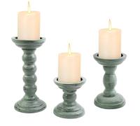 YiYa Juego de 3 Portavelas de Madera Envejecida Rústica, Verde Menta | Ideal para centro de mesa, bodas, salón y Navidad; diseño vintage estable para velas de pilar